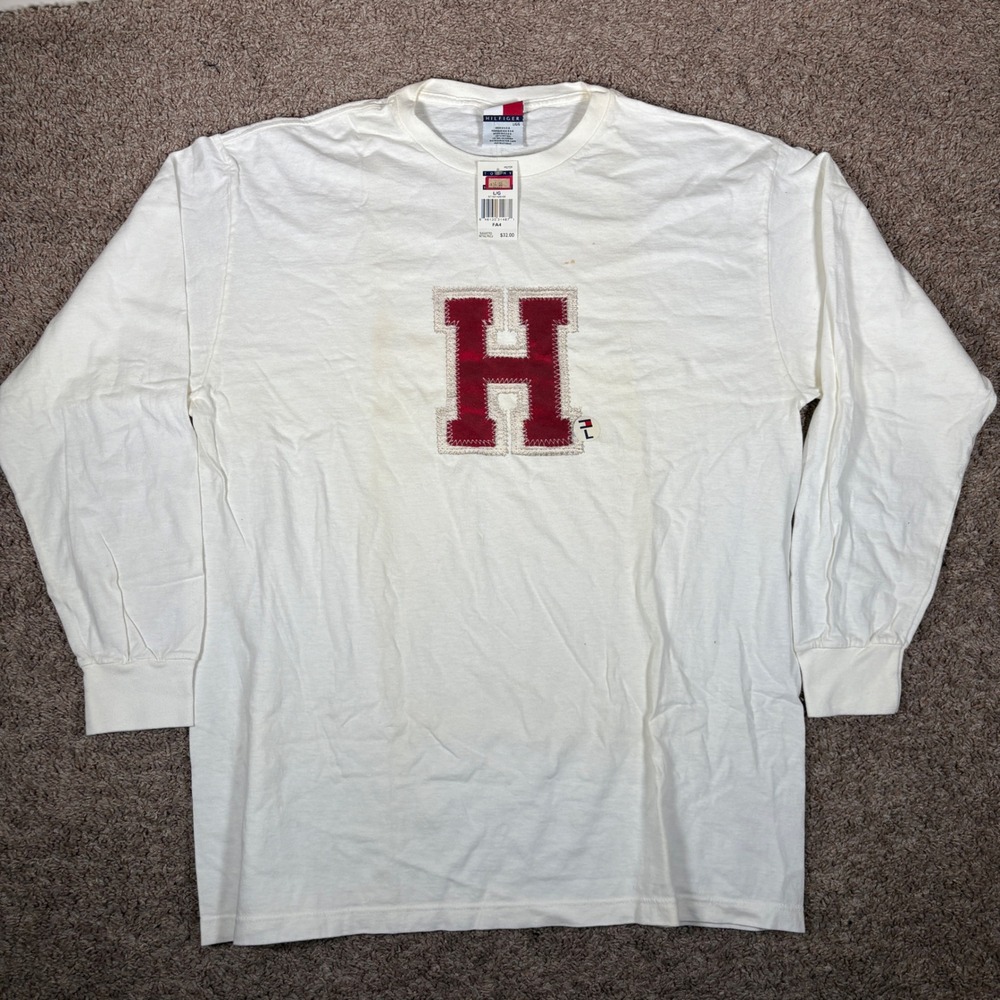 Tommy Hilfiger Vintage 90s Made in USA Long Sleeve H Patch T-Shirt White Large‎